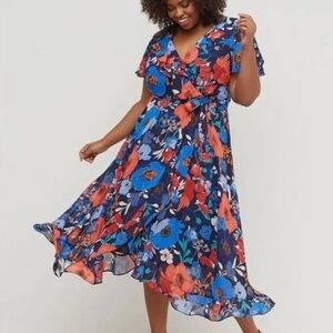 Lane Bryant Ruffle Faux Wrap Fit & Flare Midi Dress Size 22 Navy Orange Floral